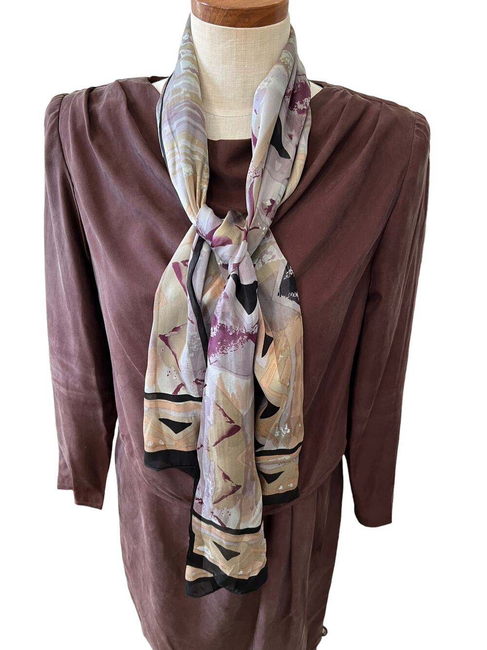 Vintage 80s David Warren Silk Cowl Neck Dress Chocolate Brown 8